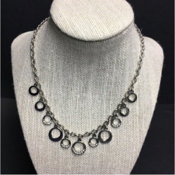 Landau Circle Dangle Necklace 16 In Silver Rhinestone Bling Glam Retro Vintage - Picture 1 of 7